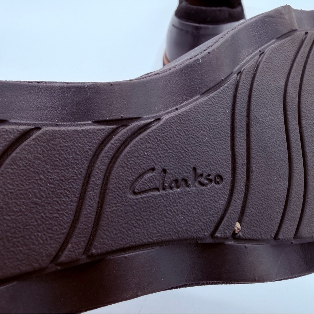 Clarks Black Suede Wedge Loafers with Tan Accent - Picture 5 of 7